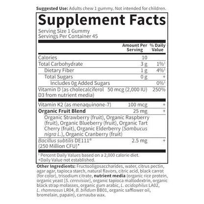 Garden of Life Vitamin Code D3 & K2 Gummis mit Präbiotika und Probiotika – Knochen-, Immun- und Verdauungsunterstützung, zuckerfrei, ohne Gentechnik, glutenfrei, Himbeer-Zitronen-Geschmack, 45 Gummis