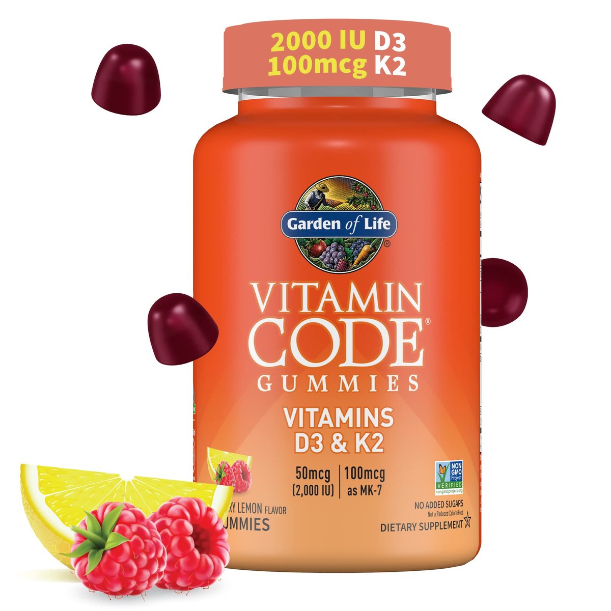 Garden of Life Vitamin Code D3 & K2 Gummis mit Präbiotika und Probiotika – Knochen-, Immun- und Verdauungsunterstützung, zuckerfrei, ohne Gentechnik, glutenfrei, Himbeer-Zitronen-Geschmack, 45 Gummis