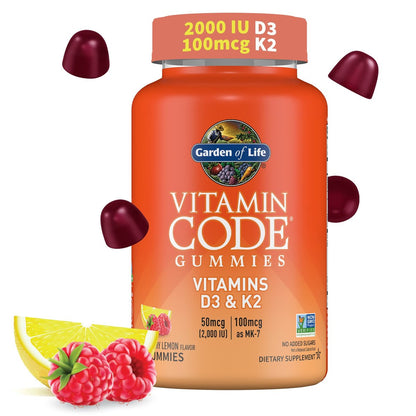 Garden of Life Vitamin Code D3 & K2 Gummis mit Präbiotika und Probiotika – Knochen-, Immun- und Verdauungsunterstützung, zuckerfrei, ohne Gentechnik, glutenfrei, Himbeer-Zitronen-Geschmack, 45 Gummis