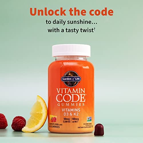 Garden of Life Vitamin Code D3 & K2 Gummis mit Präbiotika und Probiotika – Knochen-, Immun- und Verdauungsunterstützung, zuckerfrei, ohne Gentechnik, glutenfrei, Himbeer-Zitronen-Geschmack, 45 Gummis