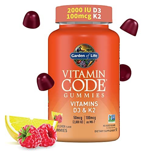 Garden of Life Vitamin Code D3 & K2 Gummis mit Präbiotika und Probiotika – Knochen-, Immun- und Verdauungsunterstützung, zuckerfrei, ohne Gentechnik, glutenfrei, Himbeer-Zitronen-Geschmack, 45 Gummis