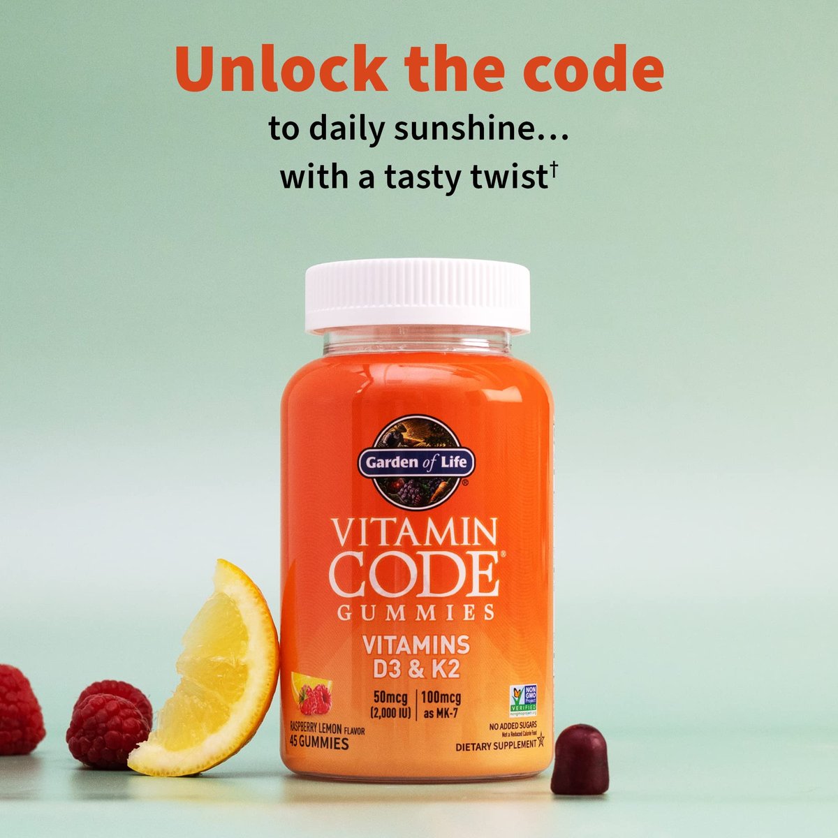 Garden of Life Vitamin Code D3 & K2 Gummis mit Präbiotika und Probiotika – Knochen-, Immun- und Verdauungsunterstützung, zuckerfrei, ohne Gentechnik, glutenfrei, Himbeer-Zitronen-Geschmack, 45 Gummis