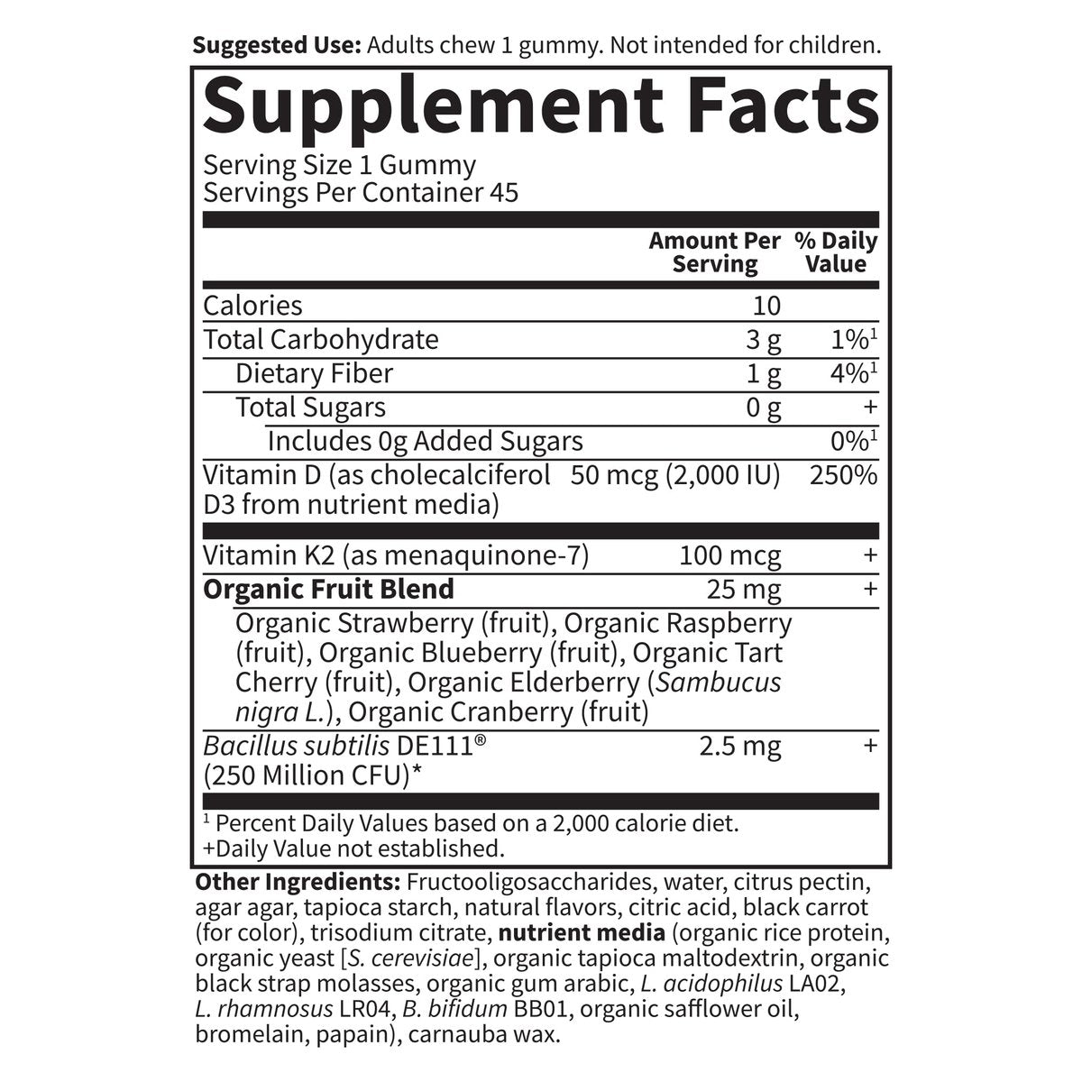 Garden of Life Vitamin Code D3 & K2 Gummis mit Präbiotika und Probiotika – Knochen-, Immun- und Verdauungsunterstützung, zuckerfrei, ohne Gentechnik, glutenfrei, Himbeer-Zitronen-Geschmack, 45 Gummis