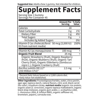 Garden of Life Vitamin Code D3 & K2 Gummis mit Präbiotika und Probiotika – Knochen-, Immun- und Verdauungsunterstützung, zuckerfrei, ohne Gentechnik, glutenfrei, Himbeer-Zitronen-Geschmack, 45 Gummis