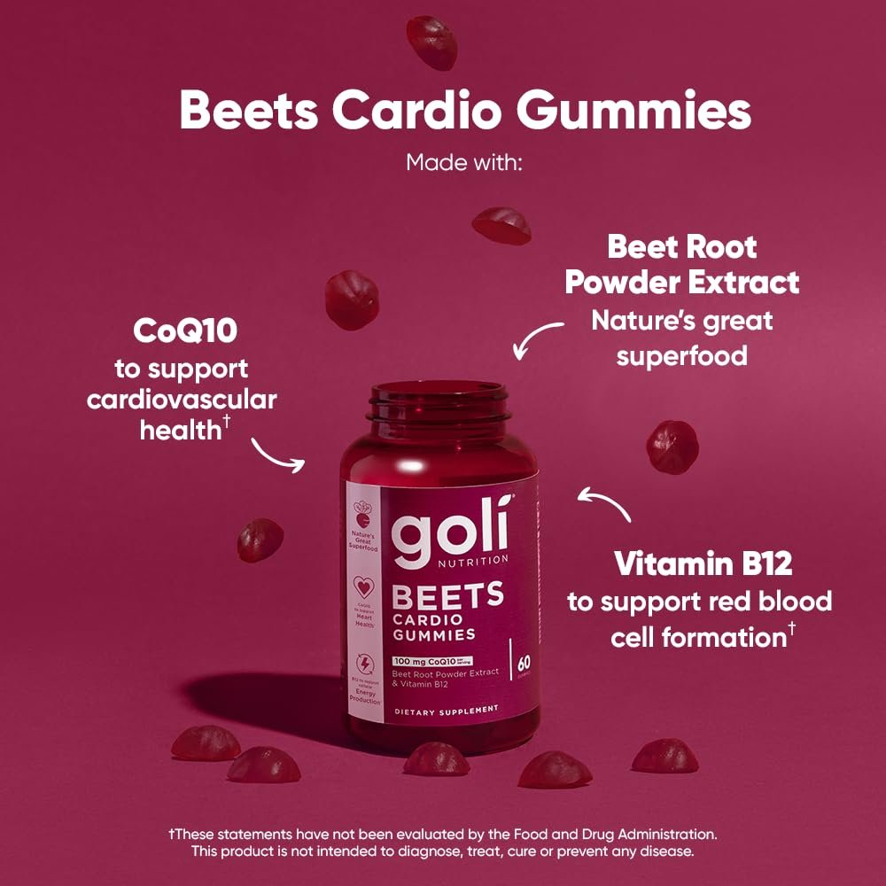 Goli Beets Cardio Gummies mit CoQ10 und Vitamin B12 - Rote-Bete-Extrakt für kardiovaskuläre Gesundheit - Vegan, Nicht-GVO, Glutenfrei (60 Stück)