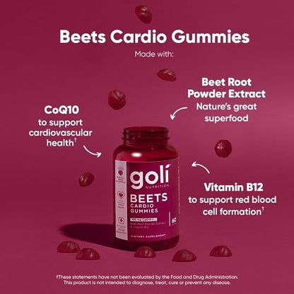Goli Beets Cardio Gummies mit CoQ10 und Vitamin B12 - Rote-Bete-Extrakt für kardiovaskuläre Gesundheit - Vegan, Nicht-GVO, Glutenfrei (60 Stück)
