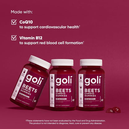 Goli Beets Cardio Gummies mit CoQ10 und Vitamin B12 - Rote-Bete-Extrakt für kardiovaskuläre Gesundheit - Vegan, Nicht-GVO, Glutenfrei (60 Stück)