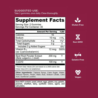 Goli Beets Cardio Gummies mit CoQ10 und Vitamin B12 - Rote-Bete-Extrakt für kardiovaskuläre Gesundheit - Vegan, Nicht-GVO, Glutenfrei (60 Stück)