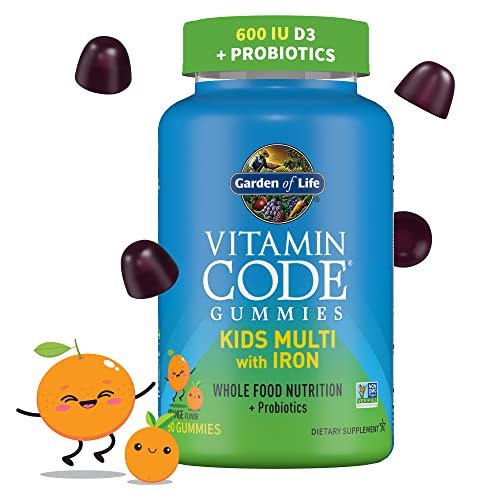 Garden of Life Kids Multivitamin Gummies mit Eisen + Probiotika für Immunsystem & Verdauung: Vitamine D, C, E, B, Zink für Energie & Entwicklung, Vitamin Code, Non-GMO, glutenfrei, 90 Orangen-Gummis, 30-Tage-Vorrat