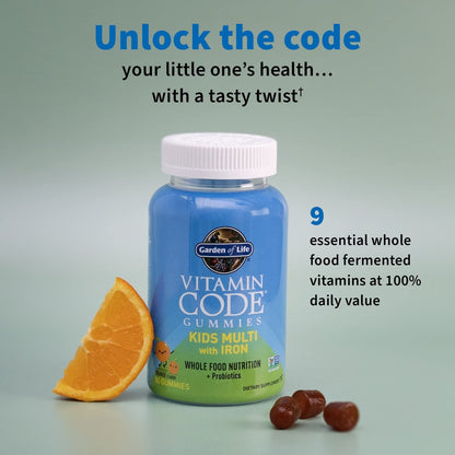 Garden of Life Kids Multivitamin Gummies mit Eisen + Probiotika für Immunsystem & Verdauung: Vitamine D, C, E, B, Zink für Energie & Entwicklung, Vitamin Code, Non-GMO, glutenfrei, 90 Orangen-Gummis, 30-Tage-Vorrat