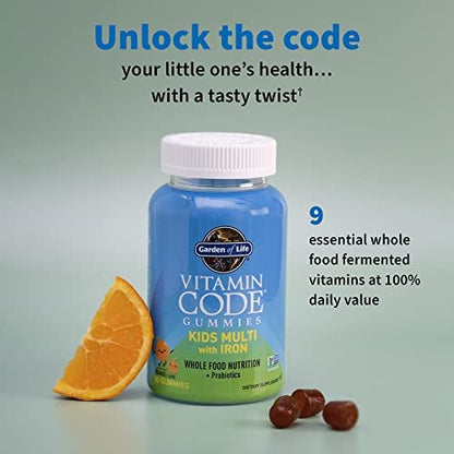 Garden of Life Kids Multivitamin Gummies mit Eisen + Probiotika für Immunsystem & Verdauung: Vitamine D, C, E, B, Zink für Energie & Entwicklung, Vitamin Code, Non-GMO, glutenfrei, 90 Orangen-Gummis, 30-Tage-Vorrat