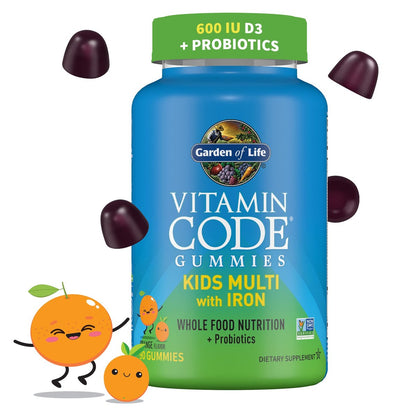 Garden of Life Kids Multivitamin Gummies mit Eisen + Probiotika für Immunsystem & Verdauung: Vitamine D, C, E, B, Zink für Energie & Entwicklung, Vitamin Code, Non-GMO, glutenfrei, 90 Orangen-Gummis, 30-Tage-Vorrat
