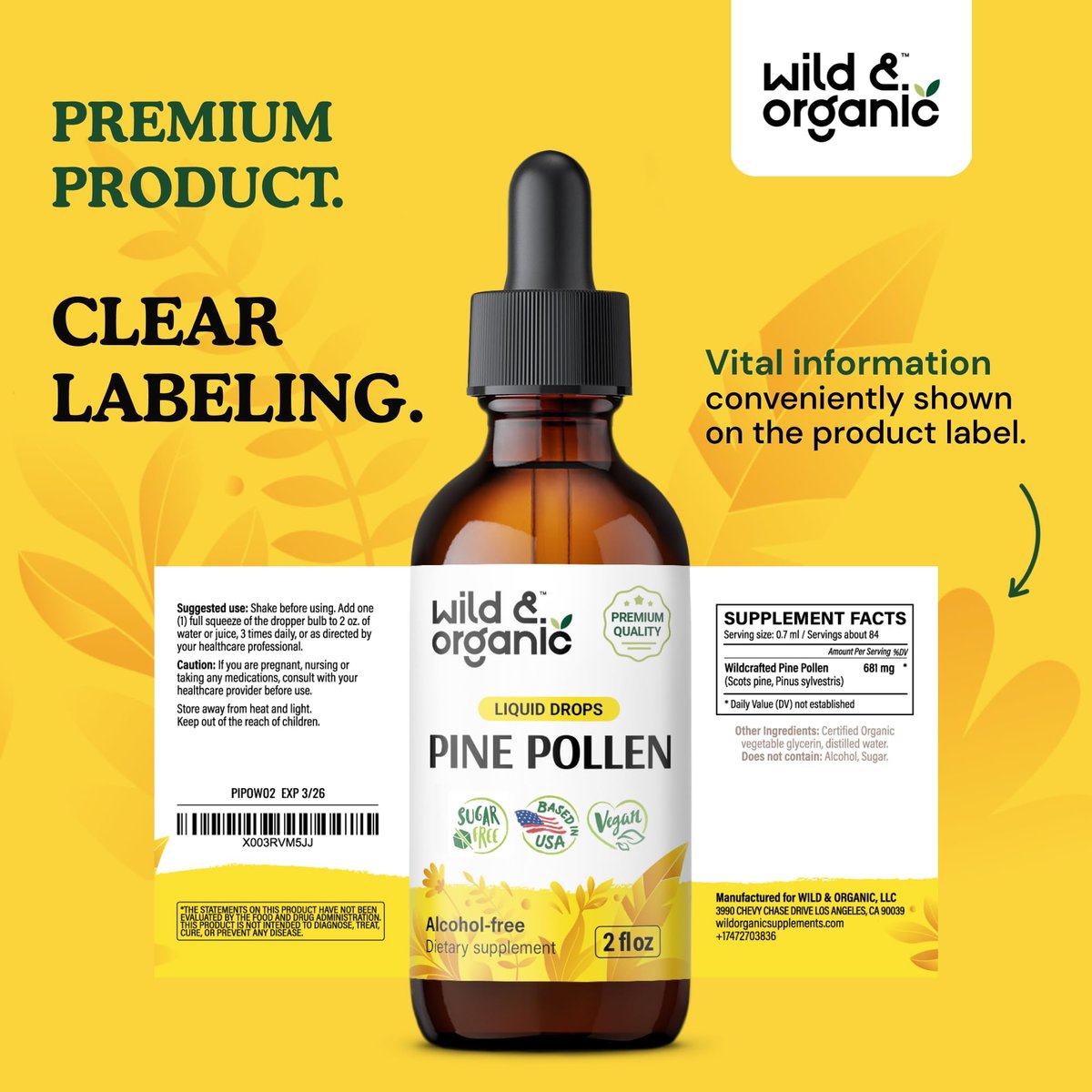 Wild & Organic Kiefernblüten-Tinktur - Kiefernblüten-Extrakt-Tropfen für Männer & Frauen - vegan, zucker- & alkoholfrei - 60 ml