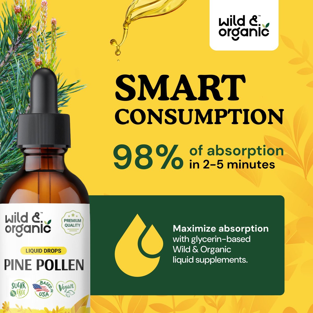 Wild & Organic Kiefernblüten-Tinktur - Kiefernblüten-Extrakt-Tropfen für Männer & Frauen - vegan, zucker- & alkoholfrei - 60 ml