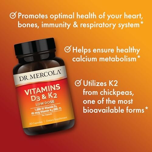Dr. Mercola Vitamine D3 & K2 Low Dose – Vitamin-D-Spiegel aufrechterhalten – Unterstützt Immun- und Knochengesundheit – MenaQ7 K2 aus Kichererbsen – Nicht-GVO, glutenfrei & sojafrei – 30 Kapseln (30 Portionen)