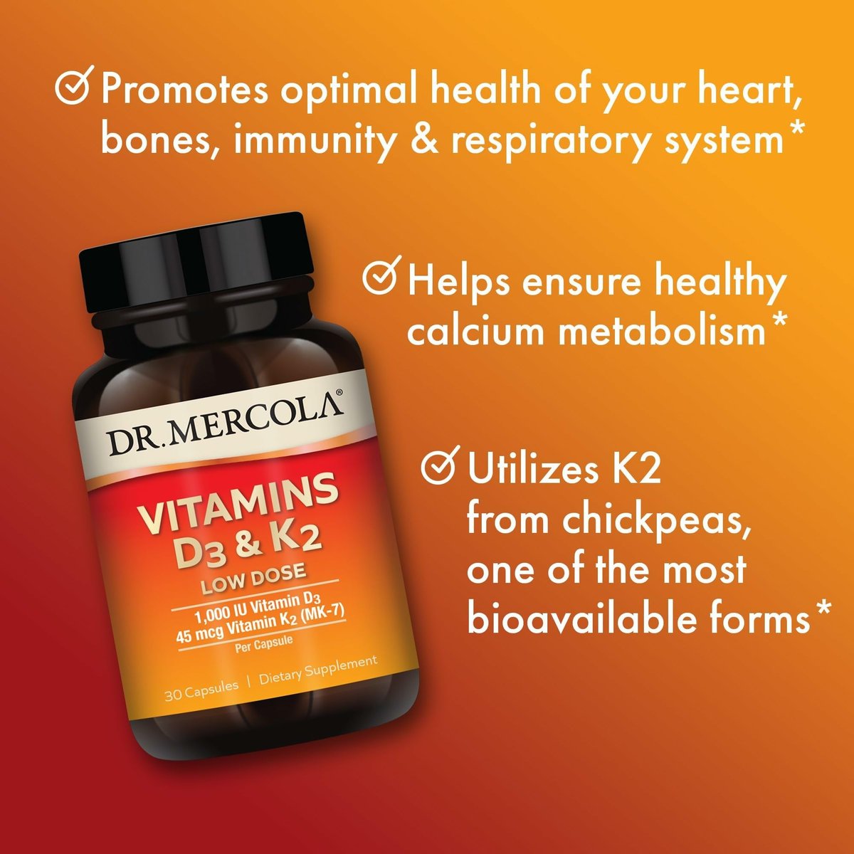 Dr. Mercola Vitamine D3 & K2 Low Dose – Vitamin-D-Spiegel aufrechterhalten – Unterstützt Immun- und Knochengesundheit – MenaQ7 K2 aus Kichererbsen – Nicht-GVO, glutenfrei & sojafrei – 30 Kapseln (30 Portionen)