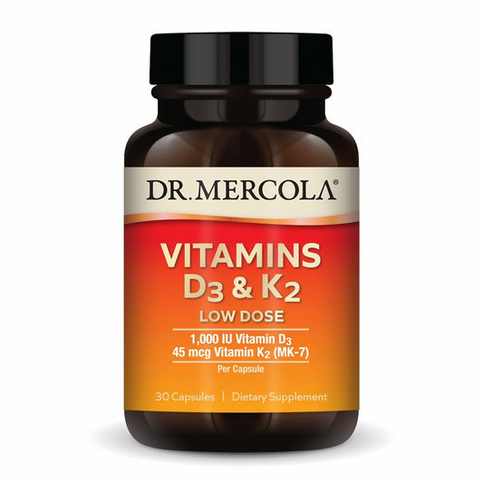 Dr. Mercola Vitamine D3 & K2 Low Dose – Vitamin-D-Spiegel aufrechterhalten – Unterstützt Immun- und Knochengesundheit – MenaQ7 K2 aus Kichererbsen – Nicht-GVO, glutenfrei & sojafrei – 30 Kapseln (30 Portionen)