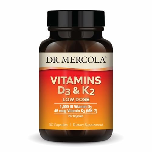 Dr. Mercola Vitamine D3 & K2 Low Dose – Vitamin-D-Spiegel aufrechterhalten – Unterstützt Immun- und Knochengesundheit – MenaQ7 K2 aus Kichererbsen – Nicht-GVO, glutenfrei & sojafrei – 30 Kapseln (30 Portionen)