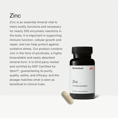 Momentous Zinkpicolinat 15 mg – Immun- & Hormonunterstützung – Bioverfügbares Zinkpräparat – Fördert Gelenkgesundheit & magere Muskelmasse – NSF-zertifiziert für den Sport – Gentechnikfrei & glutenfrei – 60 Portionen