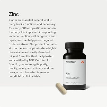 Momentous Zinkpicolinat 15 mg – Immun- & Hormonunterstützung – Bioverfügbares Zinkpräparat – Fördert Gelenkgesundheit & magere Muskelmasse – NSF-zertifiziert für den Sport – Gentechnikfrei & glutenfrei – 60 Portionen