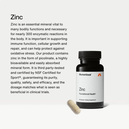 Momentous Zinkpicolinat 15 mg – Immun- & Hormonunterstützung – Bioverfügbares Zinkpräparat – Fördert Gelenkgesundheit & magere Muskelmasse – NSF-zertifiziert für den Sport – Gentechnikfrei & glutenfrei – 60 Portionen
