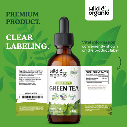 Wild & Organic Grüntee-Extrakt Flüssigtropfen - Antioxidantien-Unterstützung - Natürliche Grüntee-Ergänzung - Camelia Sinensis Tinktur - Vegan, Zucker- & Alkoholfrei - 60 ml