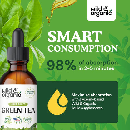 Wild & Organic Grüntee-Extrakt Flüssigtropfen - Antioxidantien-Unterstützung - Natürliche Grüntee-Ergänzung - Camelia Sinensis Tinktur - Vegan, Zucker- & Alkoholfrei - 60 ml