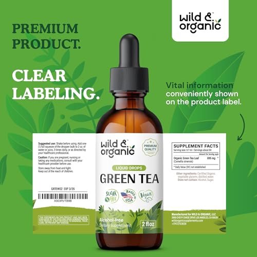 Wild & Organic Grüntee-Extrakt Flüssigtropfen - Antioxidantien-Unterstützung - Natürliche Grüntee-Ergänzung - Camelia Sinensis Tinktur - Vegan, Zucker- & Alkoholfrei - 60 ml
