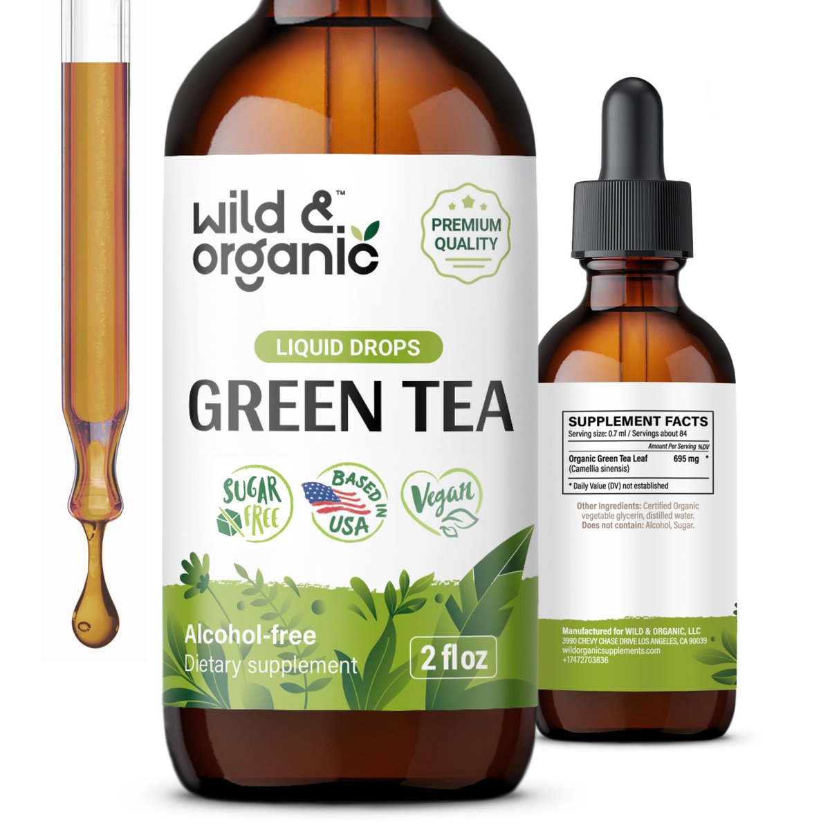 Wild & Organic Grüntee-Extrakt Flüssigtropfen - Antioxidantien-Unterstützung - Natürliche Grüntee-Ergänzung - Camelia Sinensis Tinktur - Vegan, Zucker- & Alkoholfrei - 60 ml