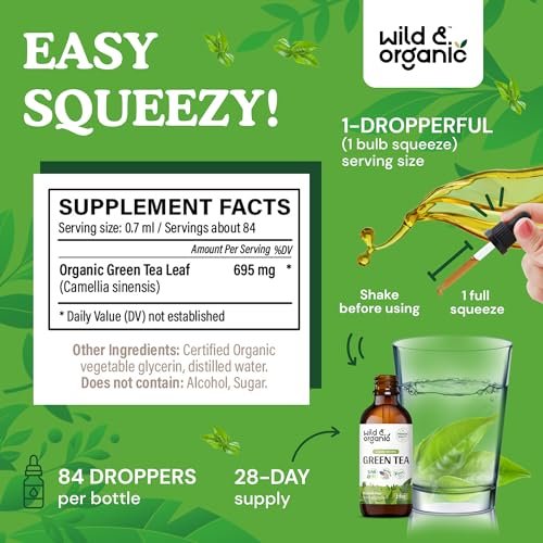 Wild & Organic Grüntee-Extrakt Flüssigtropfen - Antioxidantien-Unterstützung - Natürliche Grüntee-Ergänzung - Camelia Sinensis Tinktur - Vegan, Zucker- & Alkoholfrei - 60 ml