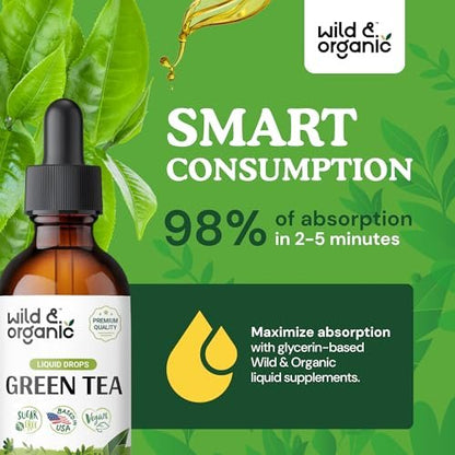 Wild & Organic Grüntee-Extrakt Flüssigtropfen - Antioxidantien-Unterstützung - Natürliche Grüntee-Ergänzung - Camelia Sinensis Tinktur - Vegan, Zucker- & Alkoholfrei - 60 ml