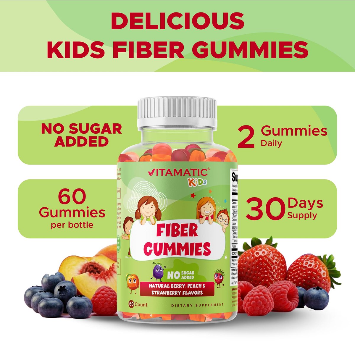 Vitamatic Kinder Präbiotikum Ballaststoff Gummis – Extra Stärke 4g Ballaststoffe – Ohne Zuckerzusatz – 60 Gummis auf Pektinbasis – Unterstützung für Verdauungsgesundheit & Regelmäßigkeit
