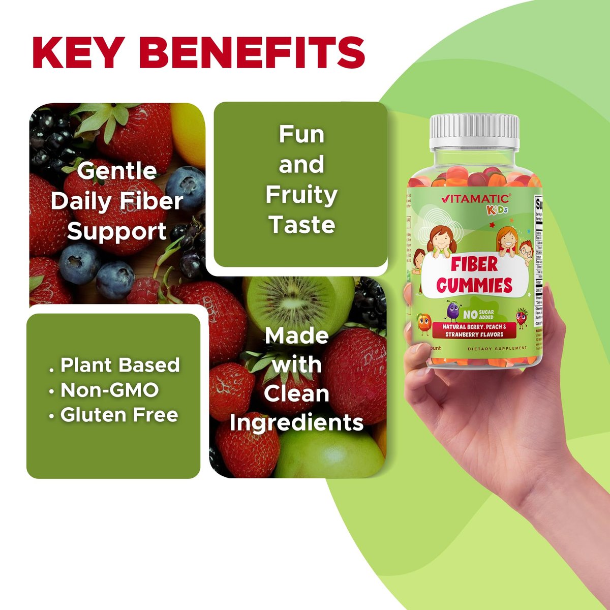 Vitamatic Kinder Präbiotikum Ballaststoff Gummis – Extra Stärke 4g Ballaststoffe – Ohne Zuckerzusatz – 60 Gummis auf Pektinbasis – Unterstützung für Verdauungsgesundheit & Regelmäßigkeit