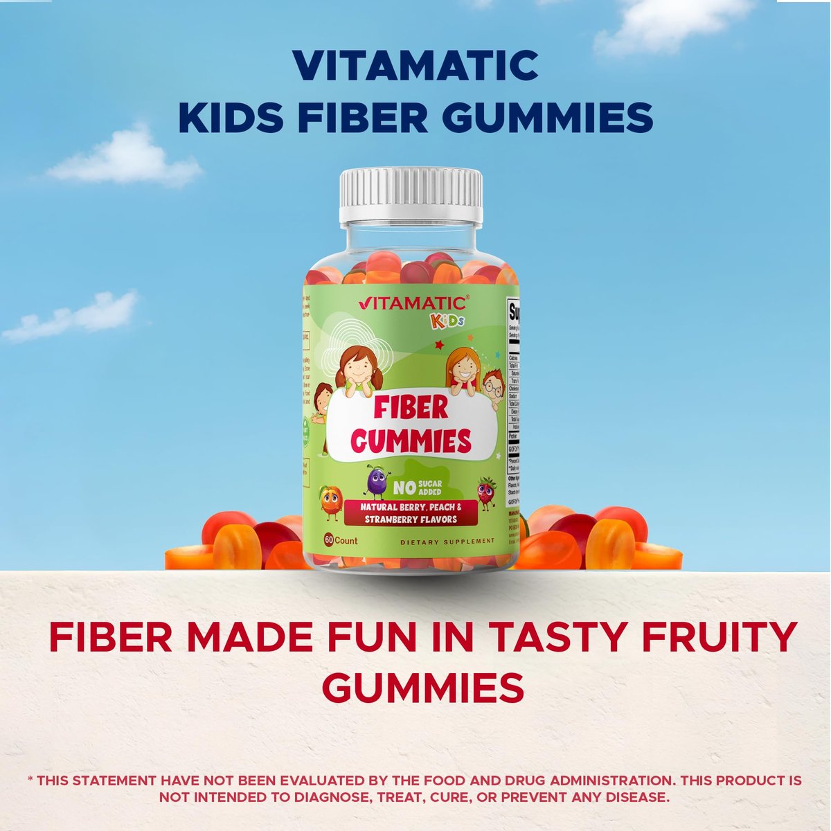 Vitamatic Kinder Präbiotikum Ballaststoff Gummis – Extra Stärke 4g Ballaststoffe – Ohne Zuckerzusatz – 60 Gummis auf Pektinbasis – Unterstützung für Verdauungsgesundheit & Regelmäßigkeit