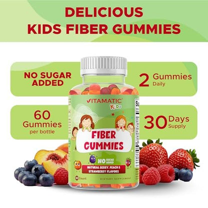 Vitamatic Kinder Präbiotikum Ballaststoff Gummis – Extra Stärke 4g Ballaststoffe – Ohne Zuckerzusatz – 60 Gummis auf Pektinbasis – Unterstützung für Verdauungsgesundheit & Regelmäßigkeit