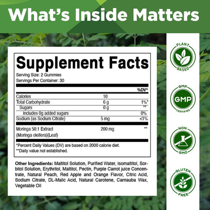 Vitamatic Moringa Gummis – Zuckerfreies botanisches Extrakt – Grünes Superfood – Vegan, Pektin-basiert, Non-GMO – 60 Stück