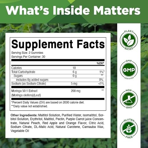 Vitamatic Moringa Gummis – Zuckerfreies botanisches Extrakt – Grünes Superfood – Vegan, Pektin-basiert, Non-GMO – 60 Stück