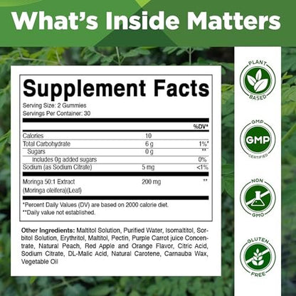 Vitamatic Moringa Gummis – Zuckerfreies botanisches Extrakt – Grünes Superfood – Vegan, Pektin-basiert, Non-GMO – 60 Stück