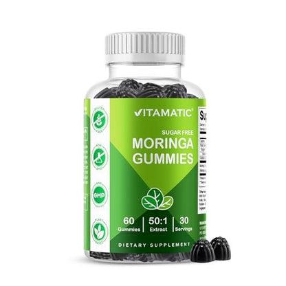 Vitamatic Moringa Gummis – Zuckerfreies botanisches Extrakt – Grünes Superfood – Vegan, Pektin-basiert, Non-GMO – 60 Stück