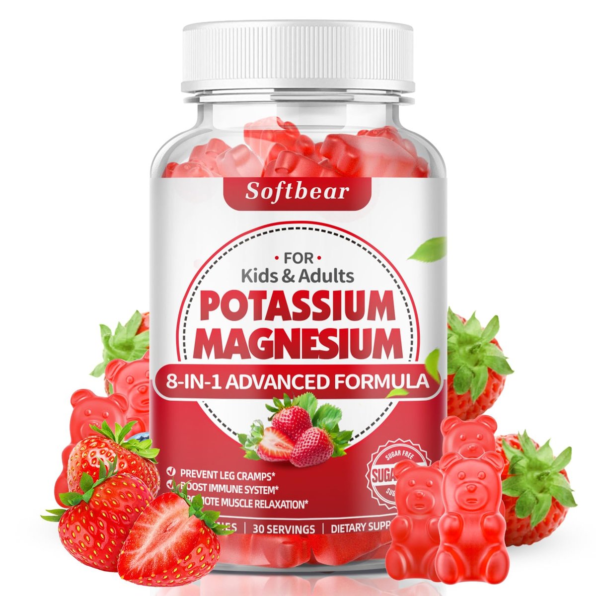 softbear Kalium-Gummibärchen für Erwachsene, Hochdosiertes Magnesium-Kalium-Präparat mit Vitamin B6 gegen Wadenkrämpfe & Muskelgesundheit, Zuckerfrei, Erdbeer-Geschmack, 60 Gummibärchen