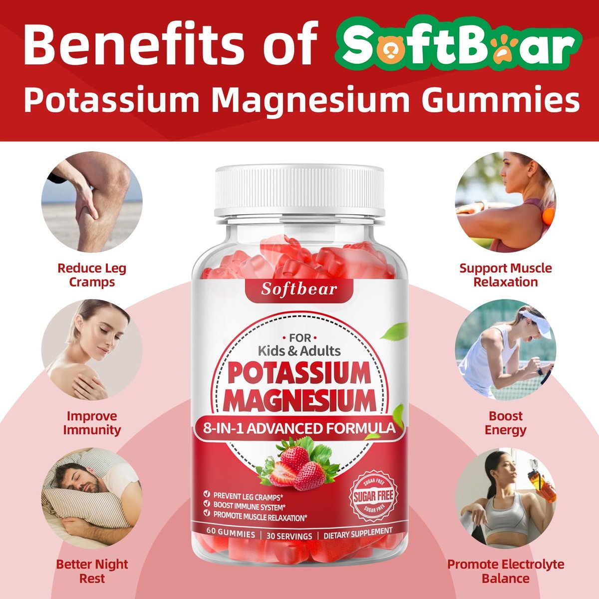 softbear Kalium-Gummibärchen für Erwachsene, Hochdosiertes Magnesium-Kalium-Präparat mit Vitamin B6 gegen Wadenkrämpfe & Muskelgesundheit, Zuckerfrei, Erdbeer-Geschmack, 60 Gummibärchen