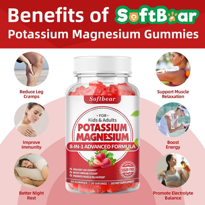 softbear Kalium-Gummibärchen für Erwachsene, Hochdosiertes Magnesium-Kalium-Präparat mit Vitamin B6 gegen Wadenkrämpfe & Muskelgesundheit, Zuckerfrei, Erdbeer-Geschmack, 60 Gummibärchen