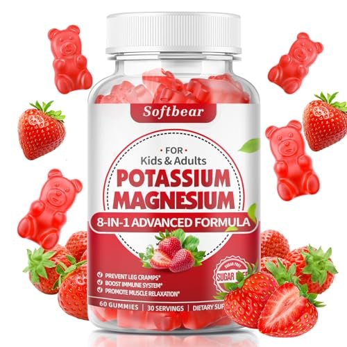 softbear Kalium-Gummibärchen für Erwachsene, Hochdosiertes Magnesium-Kalium-Präparat mit Vitamin B6 gegen Wadenkrämpfe & Muskelgesundheit, Zuckerfrei, Erdbeer-Geschmack, 60 Gummibärchen