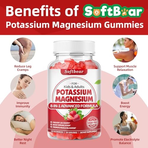 softbear Kalium-Gummibärchen für Erwachsene, Hochdosiertes Magnesium-Kalium-Präparat mit Vitamin B6 gegen Wadenkrämpfe & Muskelgesundheit, Zuckerfrei, Erdbeer-Geschmack, 60 Gummibärchen