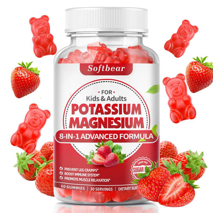 softbear Kalium-Gummibärchen für Erwachsene, Hochdosiertes Magnesium-Kalium-Präparat mit Vitamin B6 gegen Wadenkrämpfe & Muskelgesundheit, Zuckerfrei, Erdbeer-Geschmack, 60 Gummibärchen