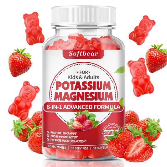 softbear Kalium-Gummibärchen für Erwachsene, Hochdosiertes Magnesium-Kalium-Präparat mit Vitamin B6 gegen Wadenkrämpfe & Muskelgesundheit, Zuckerfrei, Erdbeer-Geschmack, 60 Gummibärchen