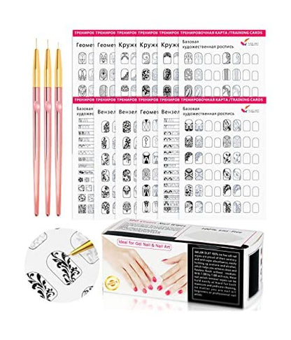 Nail Art Design Übungsbuch mit 3er Set Roségold Nail Liner Stift und 360 Nagelreinigungstücher – Linienzeichnung Malvorlage Lernbuch Maniküre Werkzeug für Anfänger (Weiß)