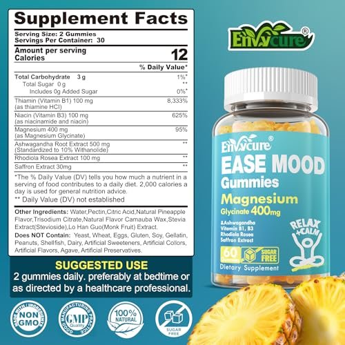 Zuckerfreie Magnesiumglycinat Gummis 400mg mit Ashwagandha, B1, B3, Rhodiola Rosea & Safran – zur Unterstützung von Ruhe, Stimmung & Energie – Magnesium Gummis für Erwachsene, kaubares Magnesiumpräparat, 60 Stück