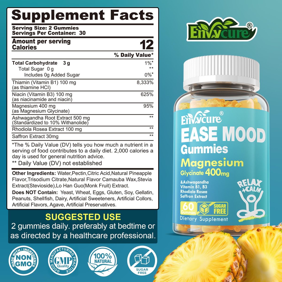 Zuckerfreie Magnesiumglycinat Gummis 400mg mit Ashwagandha, B1, B3, Rhodiola Rosea & Safran – zur Unterstützung von Ruhe, Stimmung & Energie – Magnesium Gummis für Erwachsene, kaubares Magnesiumpräparat, 60 Stück