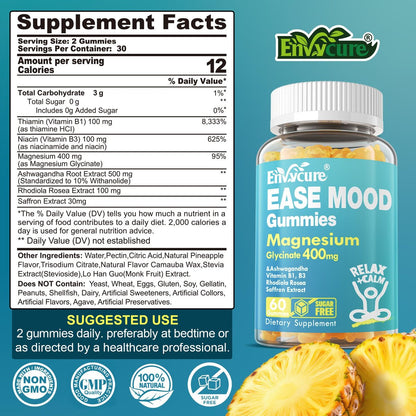 Zuckerfreie Magnesiumglycinat Gummis 400mg mit Ashwagandha, B1, B3, Rhodiola Rosea & Safran – zur Unterstützung von Ruhe, Stimmung & Energie – Magnesium Gummis für Erwachsene, kaubares Magnesiumpräparat, 60 Stück